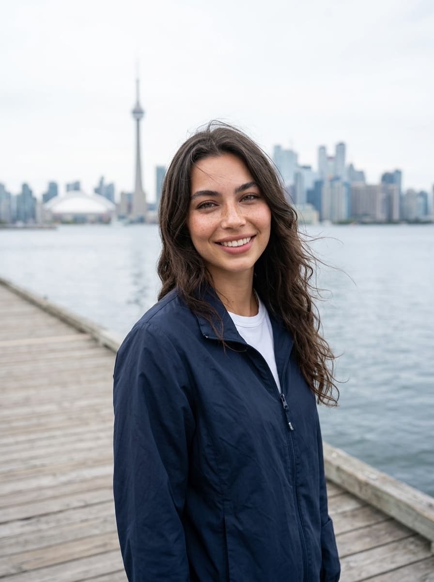Victoria Marchetti, creator of Tori Points, on the Toronto waterfront with the CN Tower behind her.